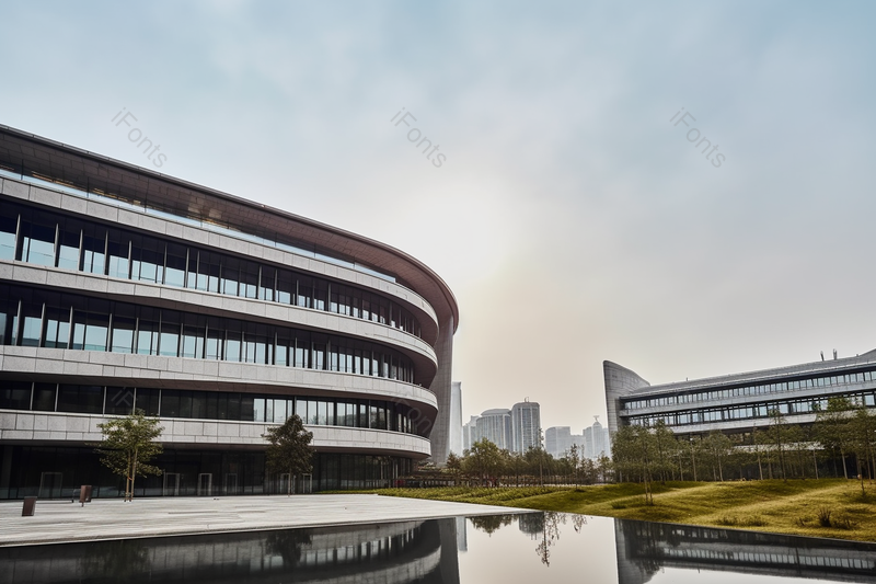 工厂写字楼湖水蓝天低角度拍摄,高清,摄影图,摄影图片,图片大全,摄影图免费下载